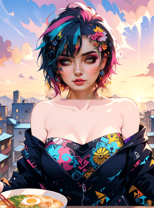 woman, cityscape, ramen