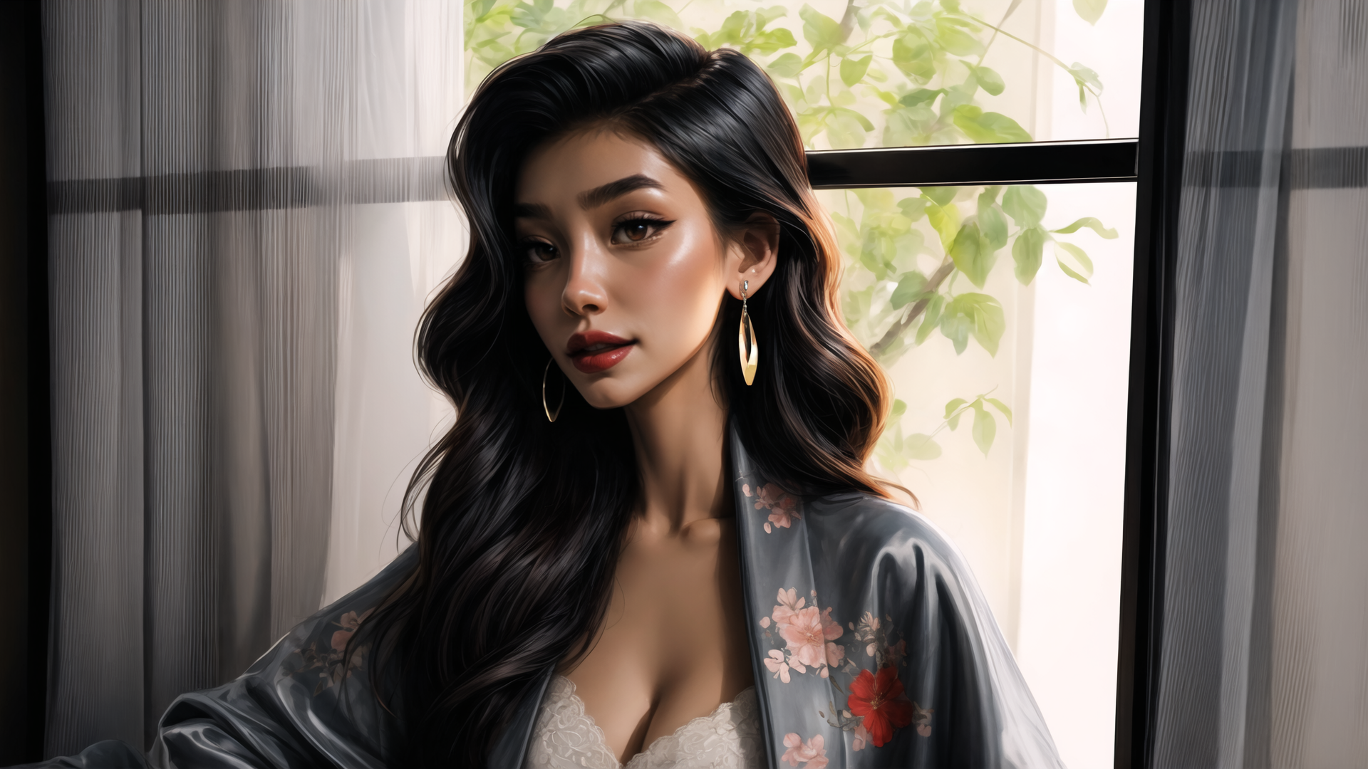 AI generated wallpaper featuring woman, curtains, window, robe, earrings, hair, plants, lattice, lace, flowers