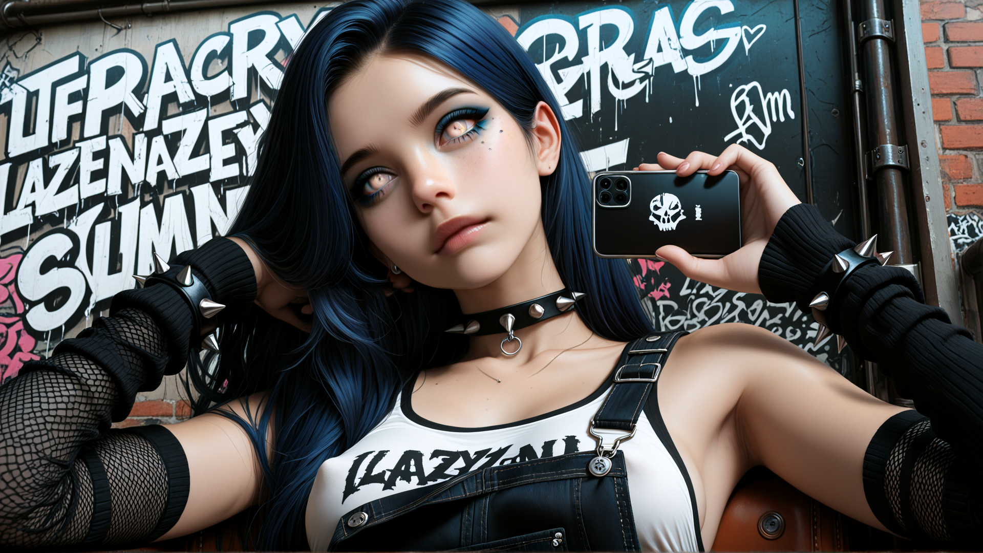 AI generated wallpaper featuring woman, graffiti, phone, choker, spikes, overalls, sweater, nails, hair, skull