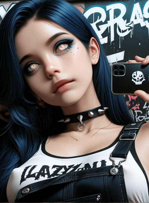 woman, graffiti, phone, choker, spikes, overalls, sweater, nails, hair, skull