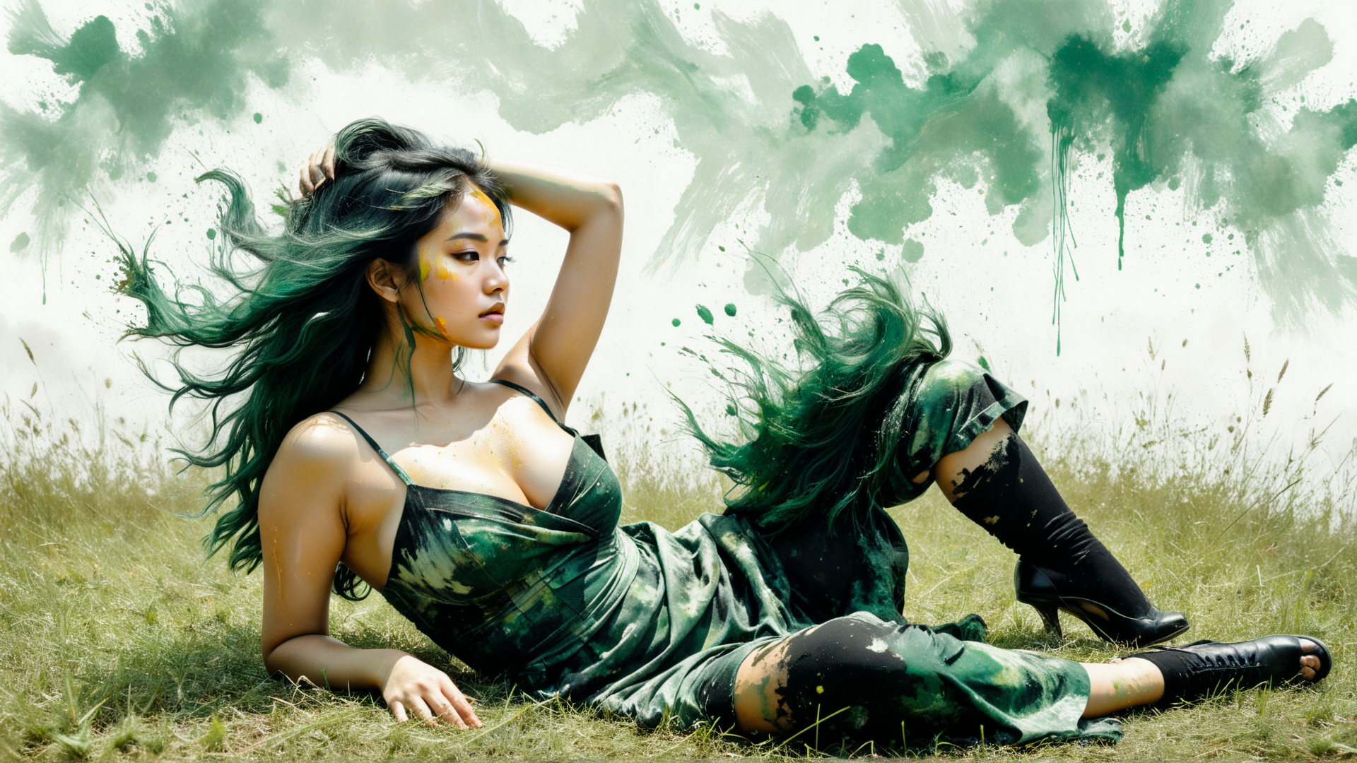 AI generated wallpaper featuring woman, grass, paint, dress, hair