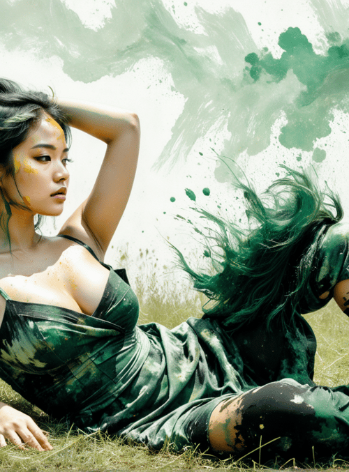 woman, grass, paint, dress, hair