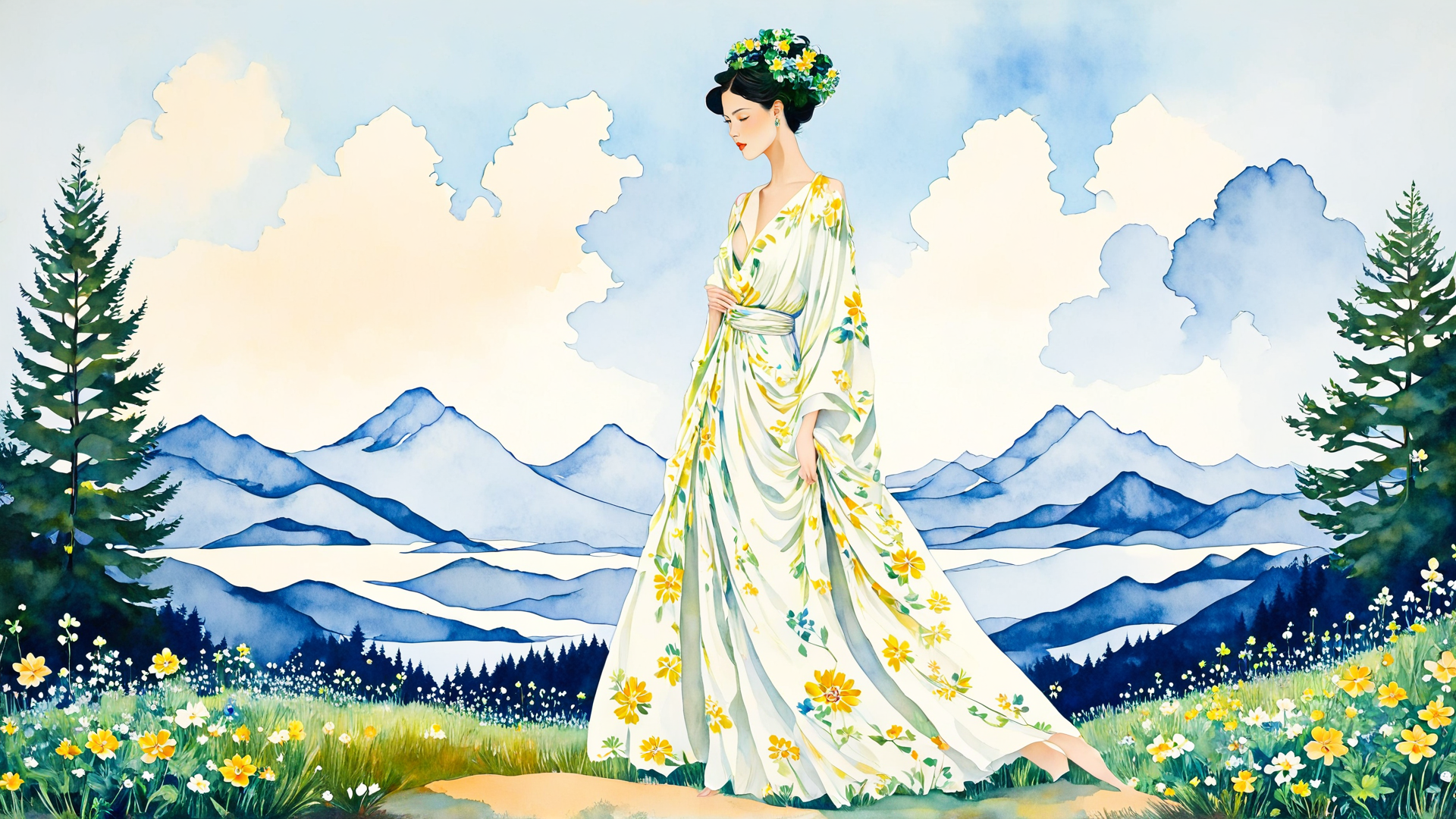 AI generated wallpaper featuring woman, dress, flowers, mountains, trees, clouds
