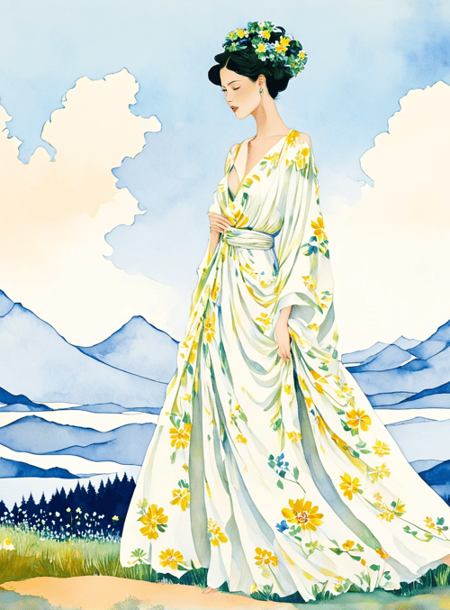 woman, dress, flowers, mountains, trees, clouds