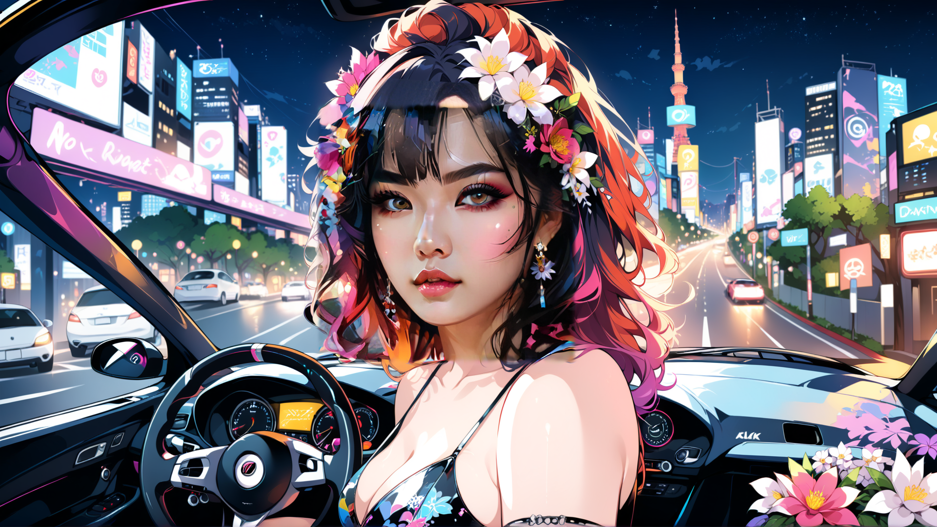 AI generated wallpaper featuring woman, car, city