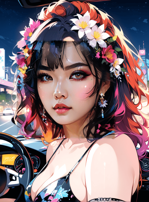 woman, car, city