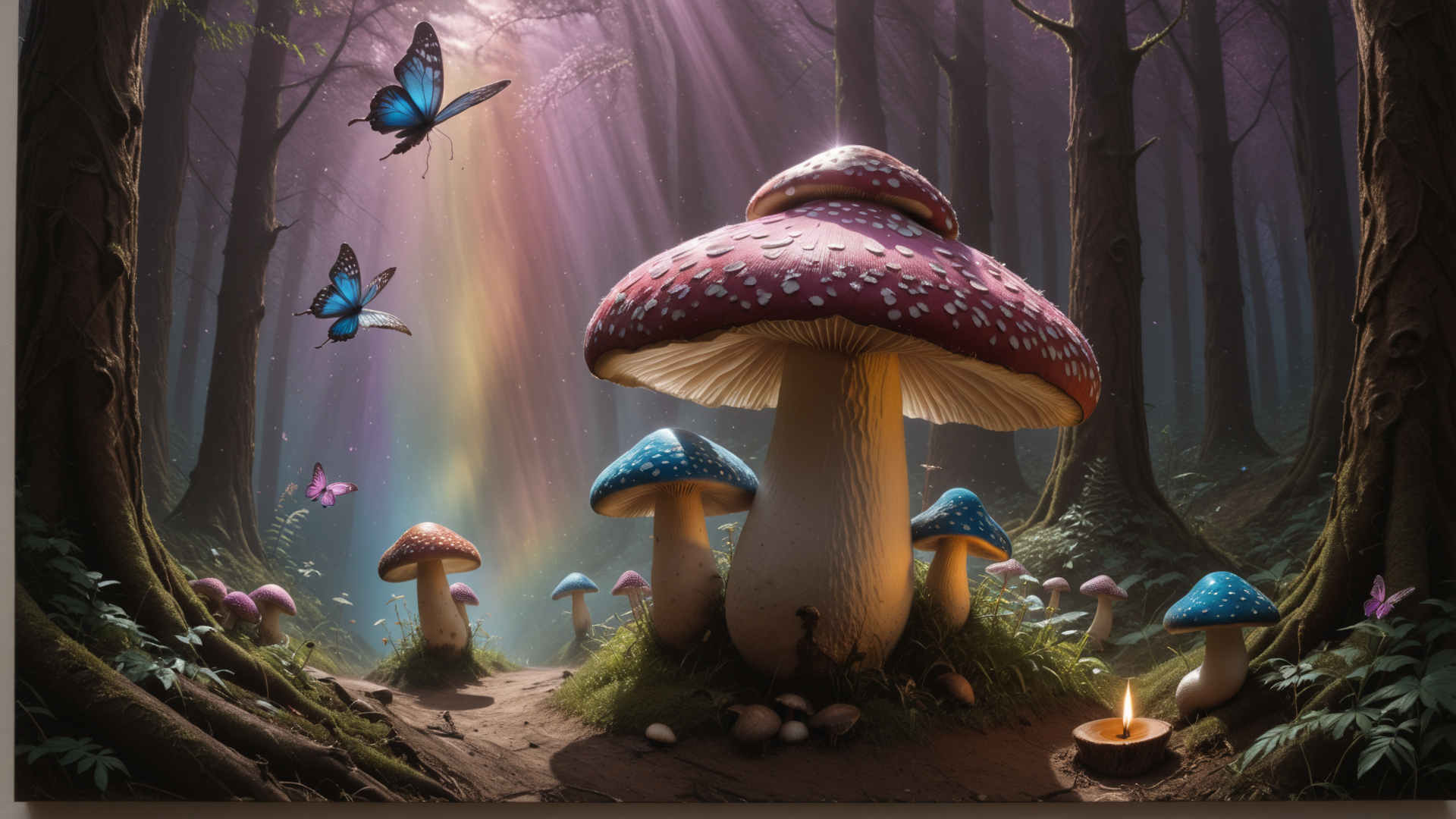 AI generated wallpaper featuring mushroom, butterfly, forest, candle, tree, path, fungus, butterfly, butterfly, butterfly