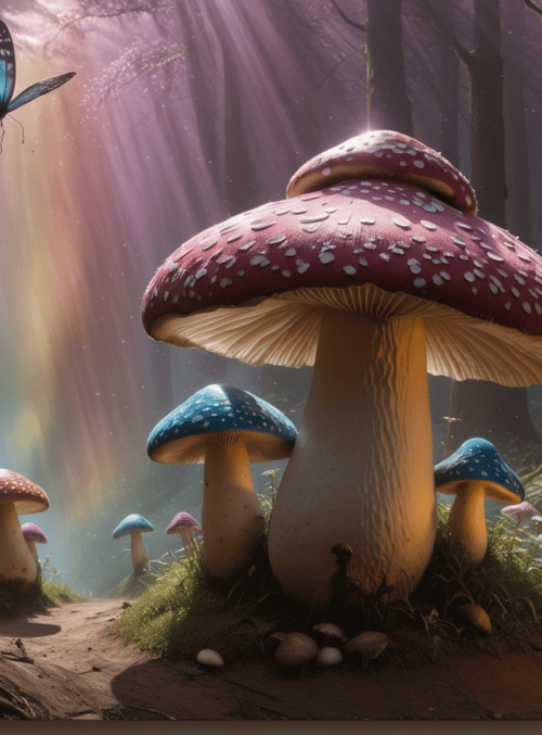 mushroom, butterfly, forest, candle, tree, path, fungus, butterfly, butterfly, butterfly