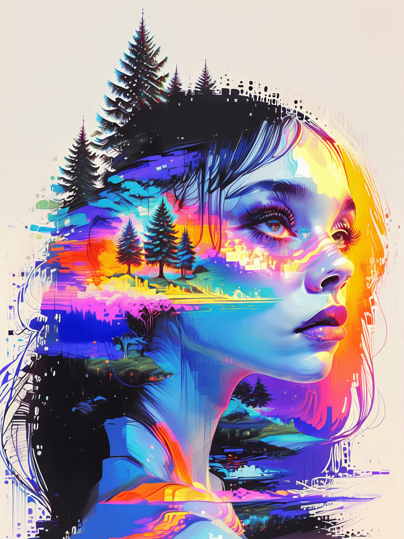 AI generated wallpaper featuring woman, forest, trees, landscape, nature