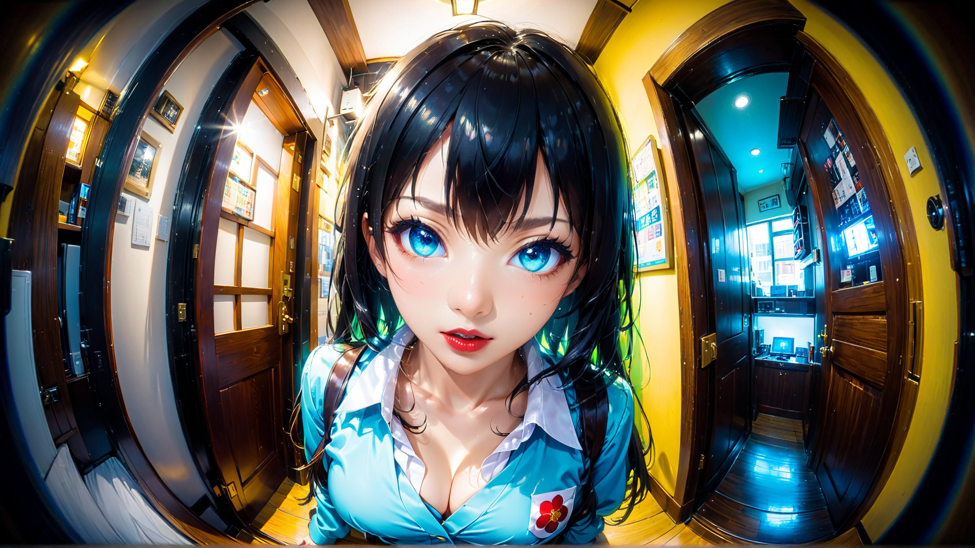 AI generated wallpaper featuring anime girl, hospital, corridor, door, uniform