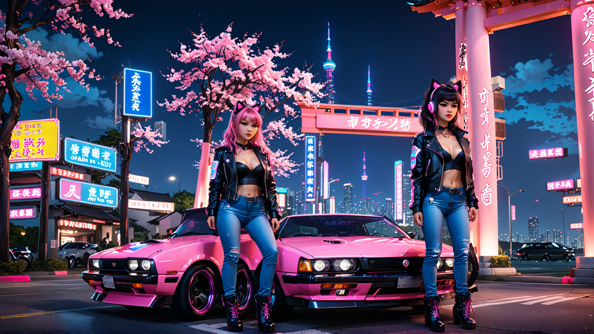 AI generated wallpaper featuring women, cars, cherry blossoms