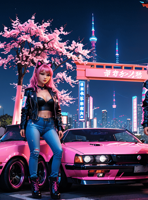 women, cars, cherry blossoms