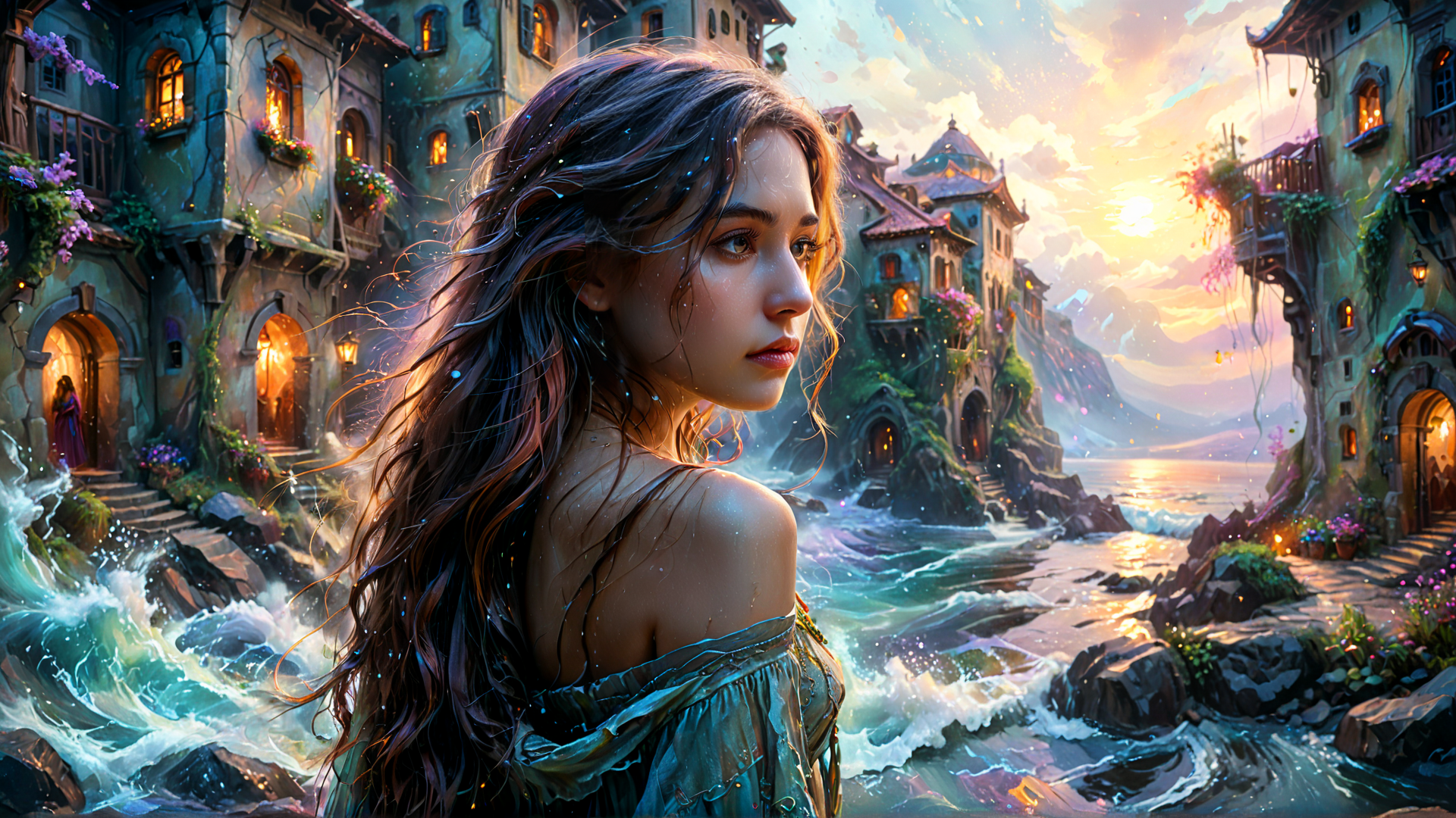 AI generated wallpaper featuring woman, village, water