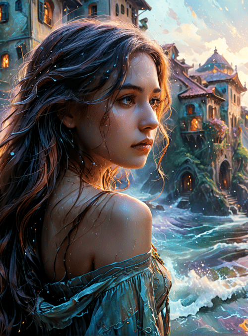 woman, village, water