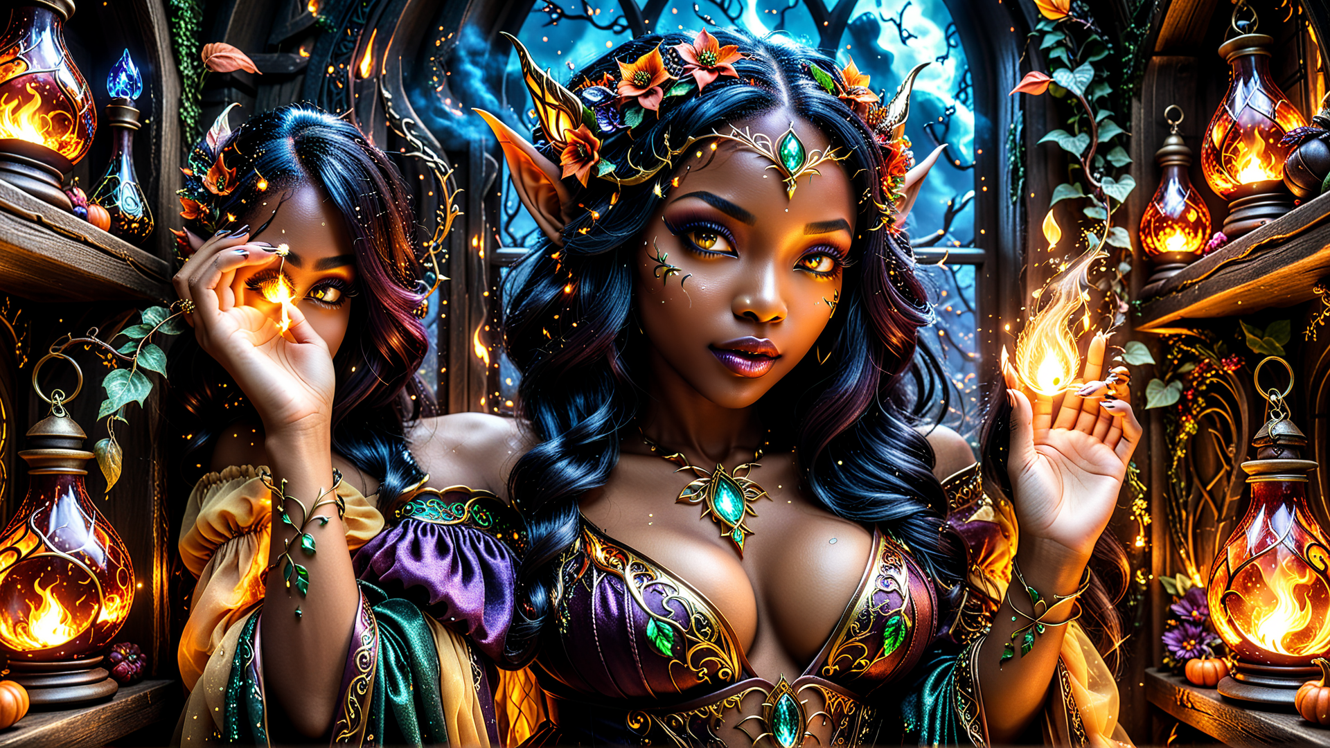 AI generated wallpaper featuring elf, fairy, woman, lantern, flower, candle, magic, nature, fire, gem