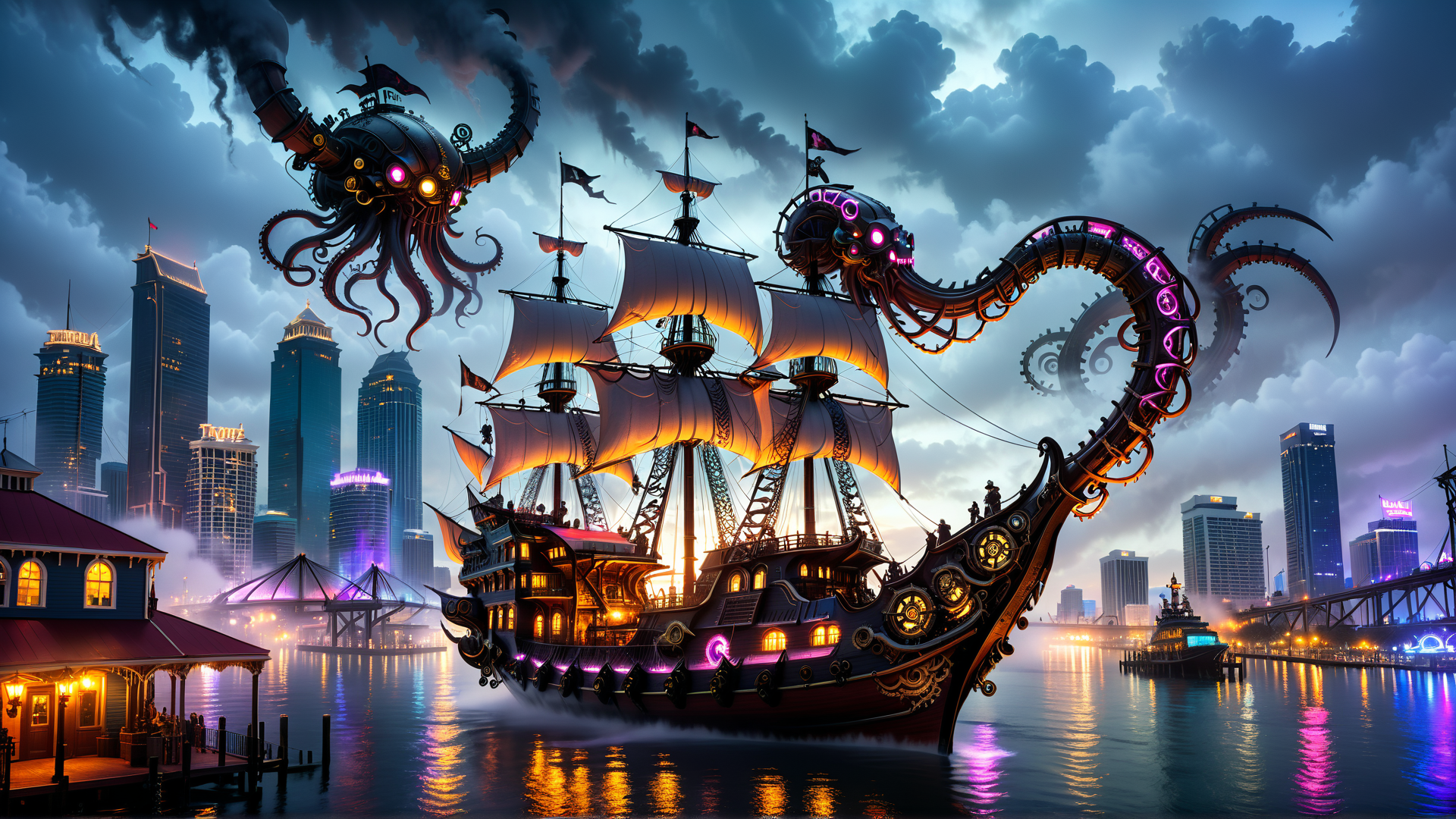 AI generated wallpaper featuring ship, octopus, city, sail, building, bridge, smoke, crown, gears, light