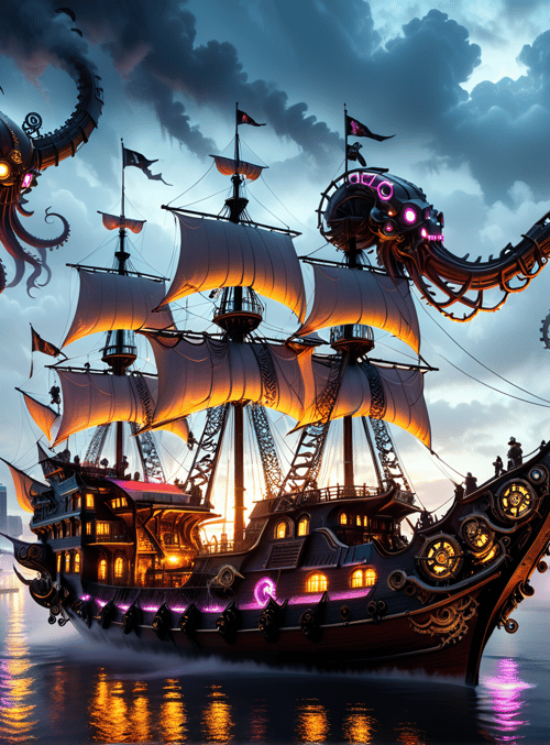 ship, octopus, city, sail, building, bridge, smoke, crown, gears, light