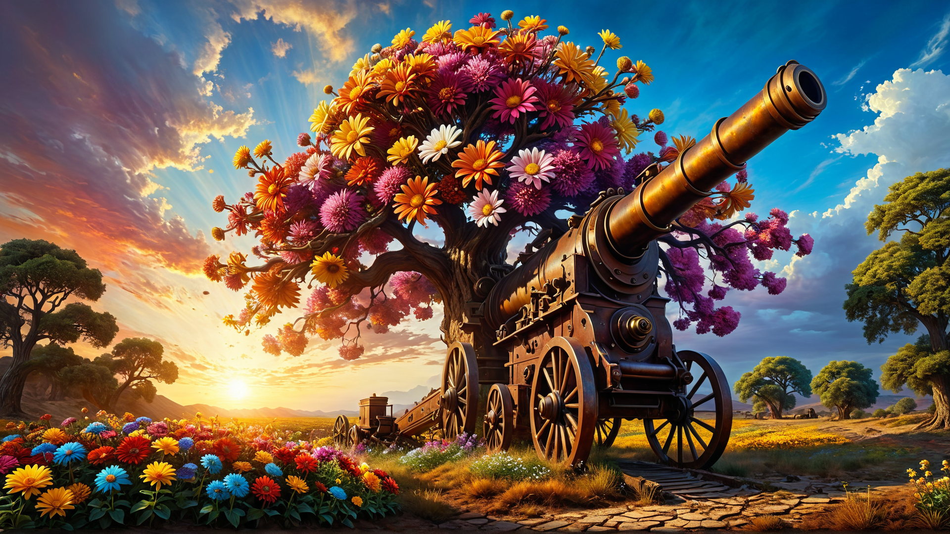 AI generated wallpaper featuring tree, cannon, flowers, sun, sky, trees, field