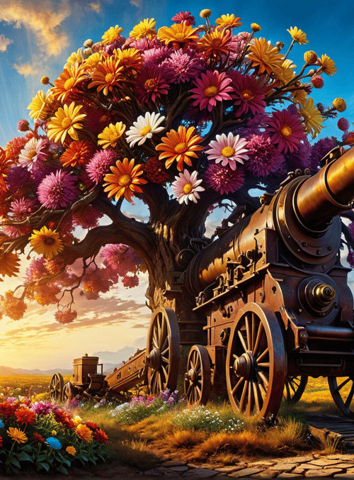 tree, cannon, flowers, sun, sky, trees, field