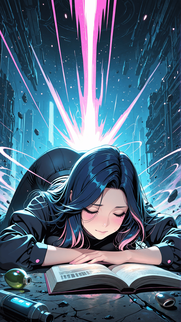 AI generated wallpaper featuring woman, book, city, light, buildings