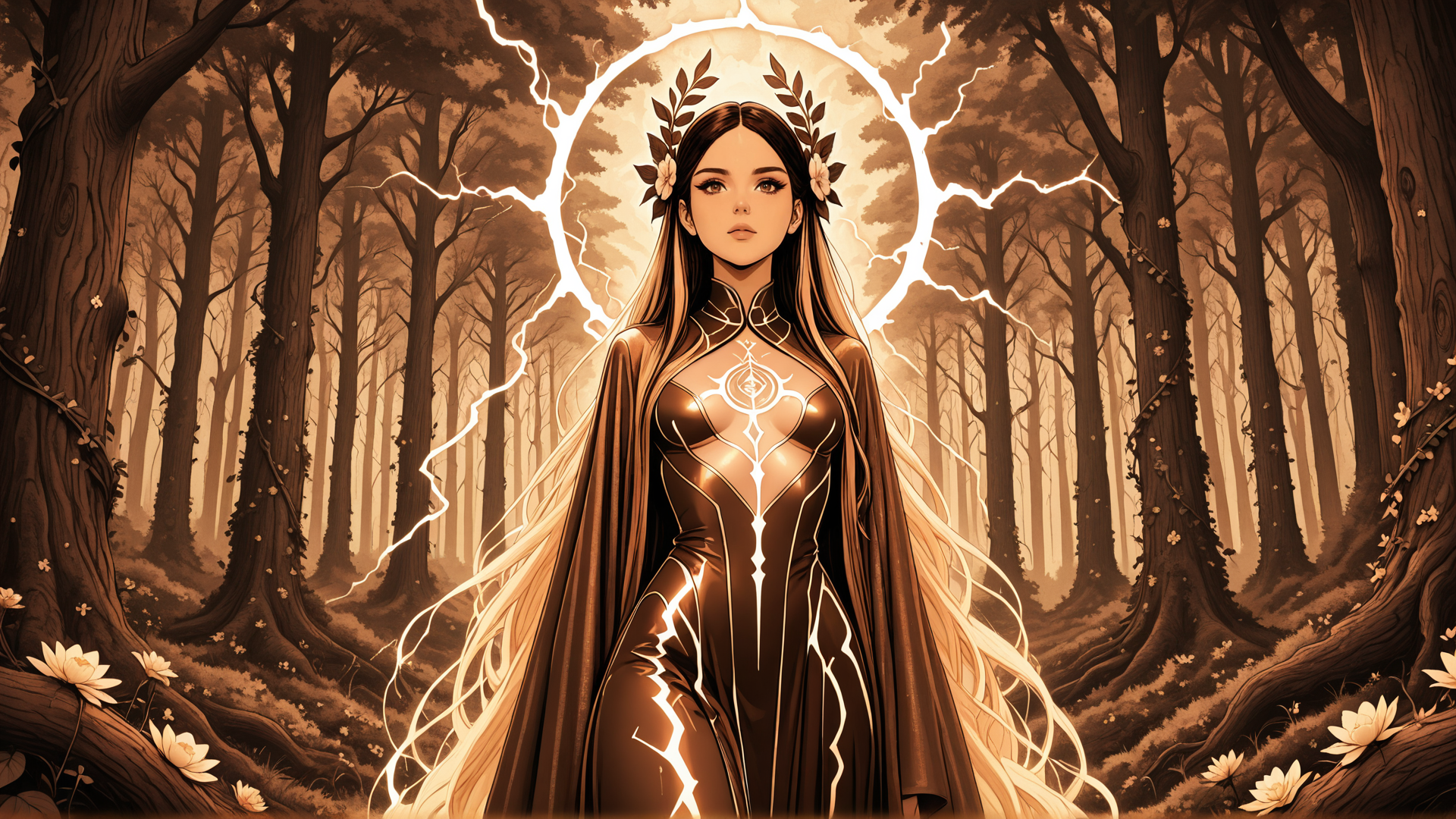 AI generated wallpaper featuring woman, forest, lightning, goddess, lotus, trees, headdress, cape, symbols, flowers