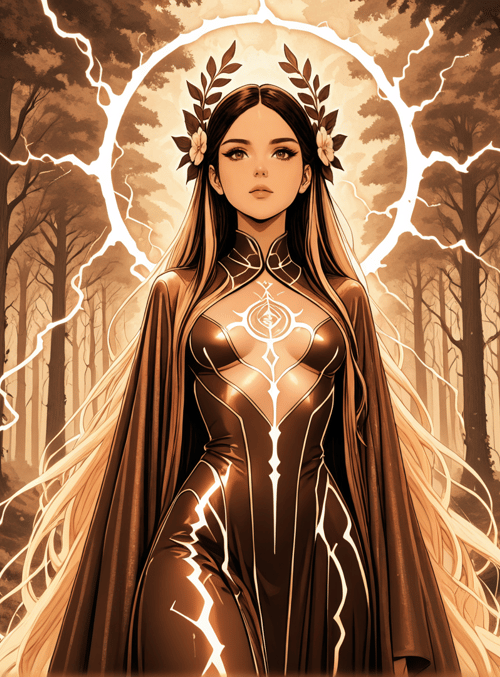 woman, forest, lightning, goddess, lotus, trees, headdress, cape, symbols, flowers