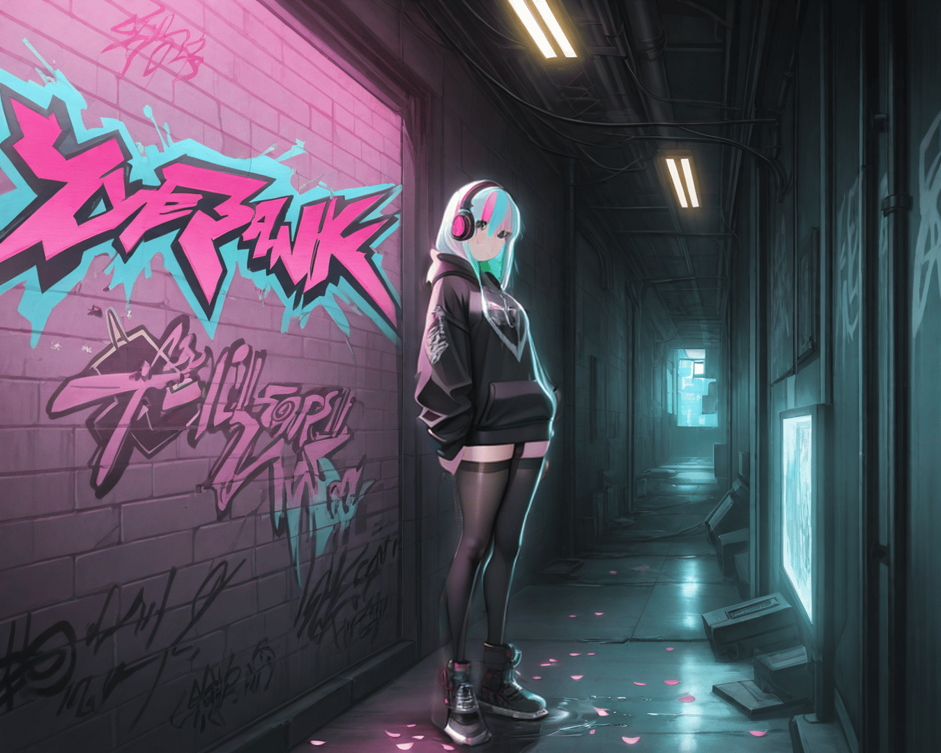 AI generated wallpaper featuring girl, graffiti, corridor