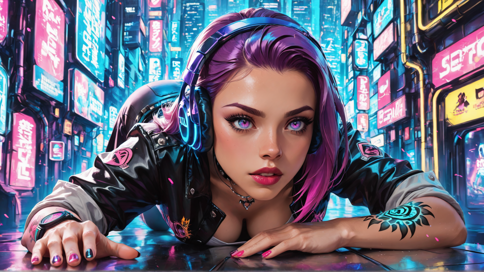 AI generated wallpaper featuring woman, headphones, jacket, tattoo, cityscape, neon signs