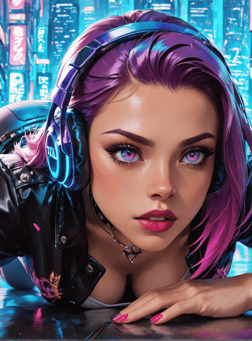 woman, headphones, jacket, tattoo, cityscape, neon signs