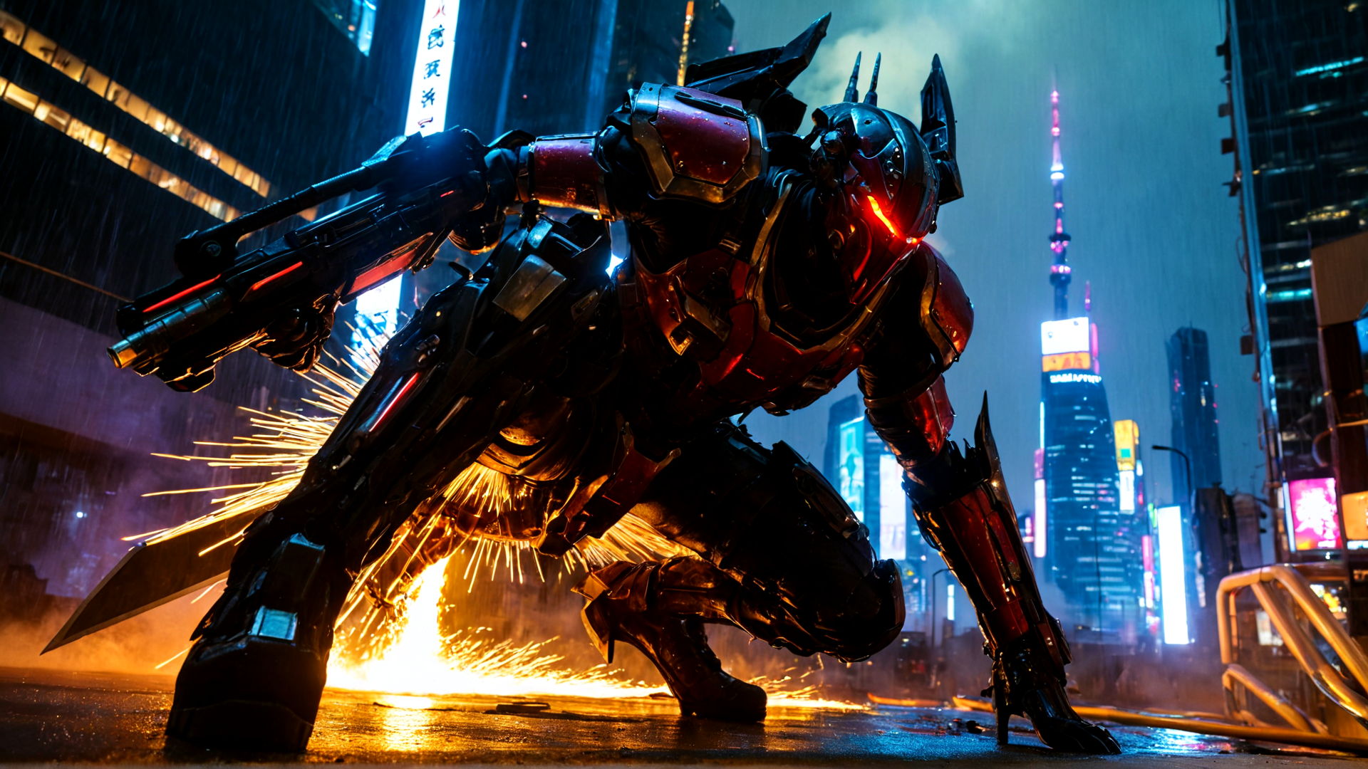 AI generated wallpaper featuring robot, armor, city, skyscraper, fire, sparks, gun, neon, street, rain