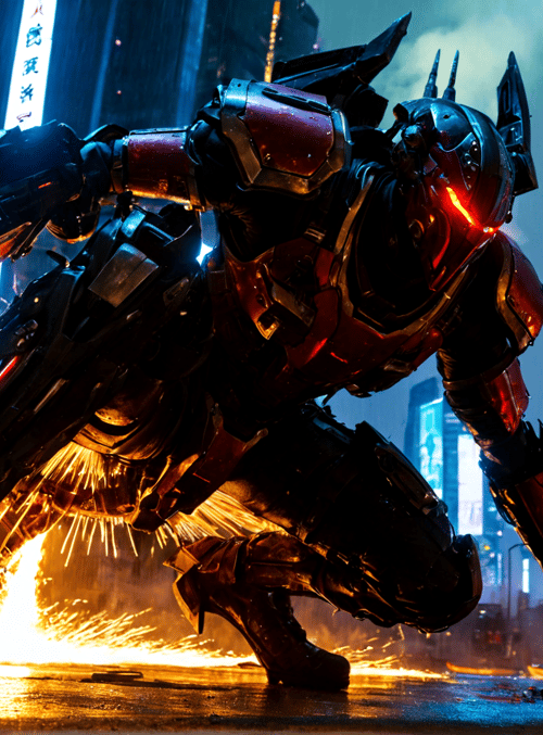 robot, armor, city, skyscraper, fire, sparks, gun, neon, street, rain