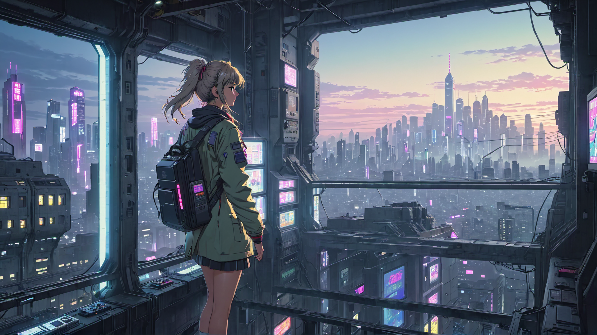 AI generated wallpaper featuring girl, cityscape, future