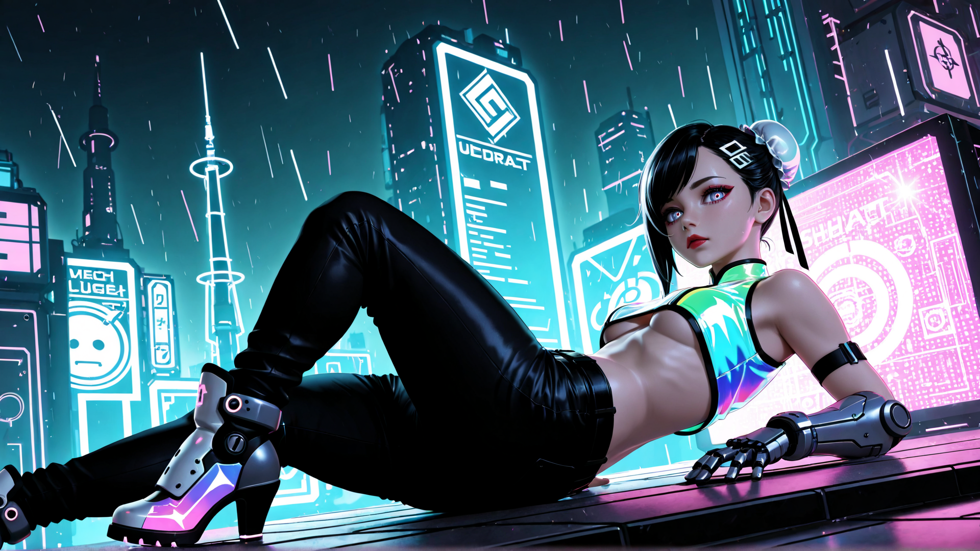 AI generated wallpaper featuring cyborg, woman, cityscape, neon, futuristic, rain