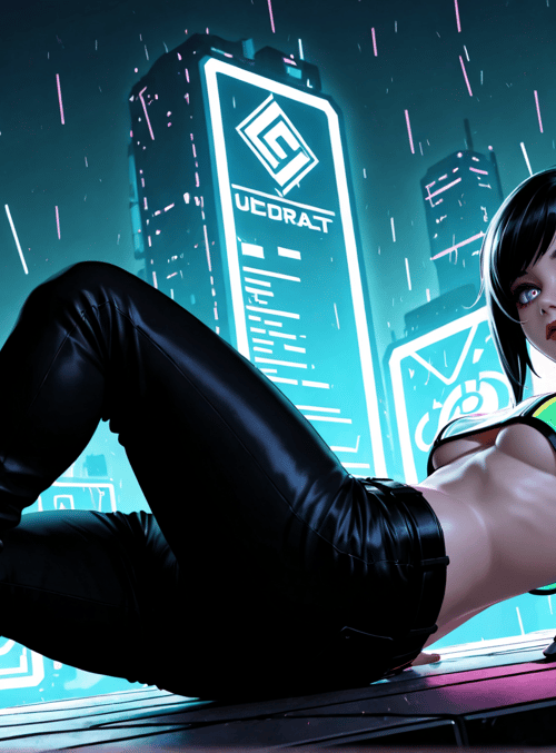 cyborg, woman, cityscape, neon, futuristic, rain