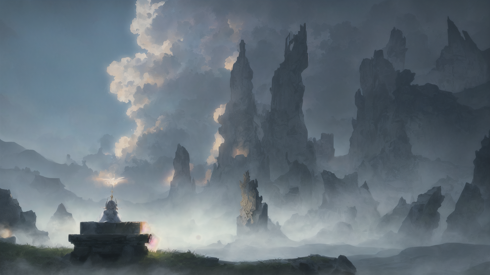 AI generated wallpaper featuring figure, monument, mountains