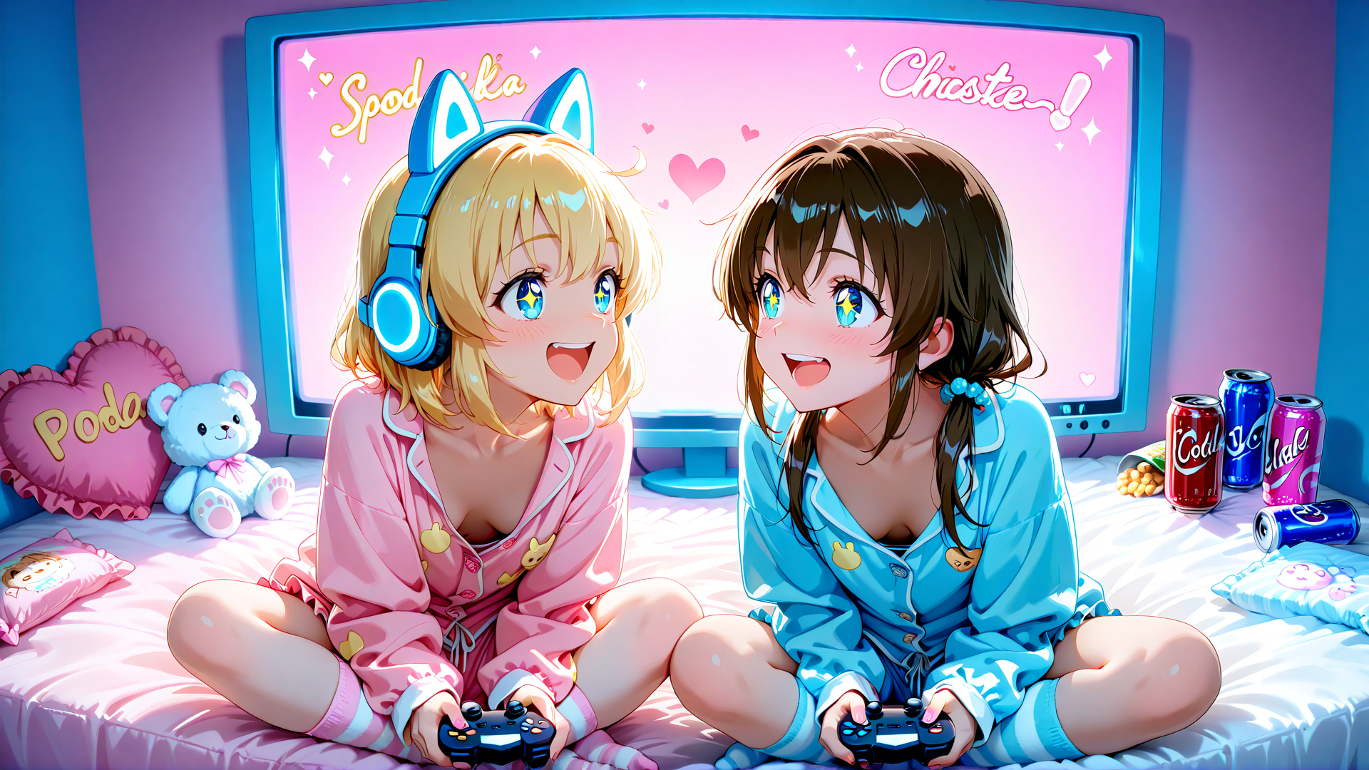 AI generated wallpaper featuring girls, pajamas, gaming