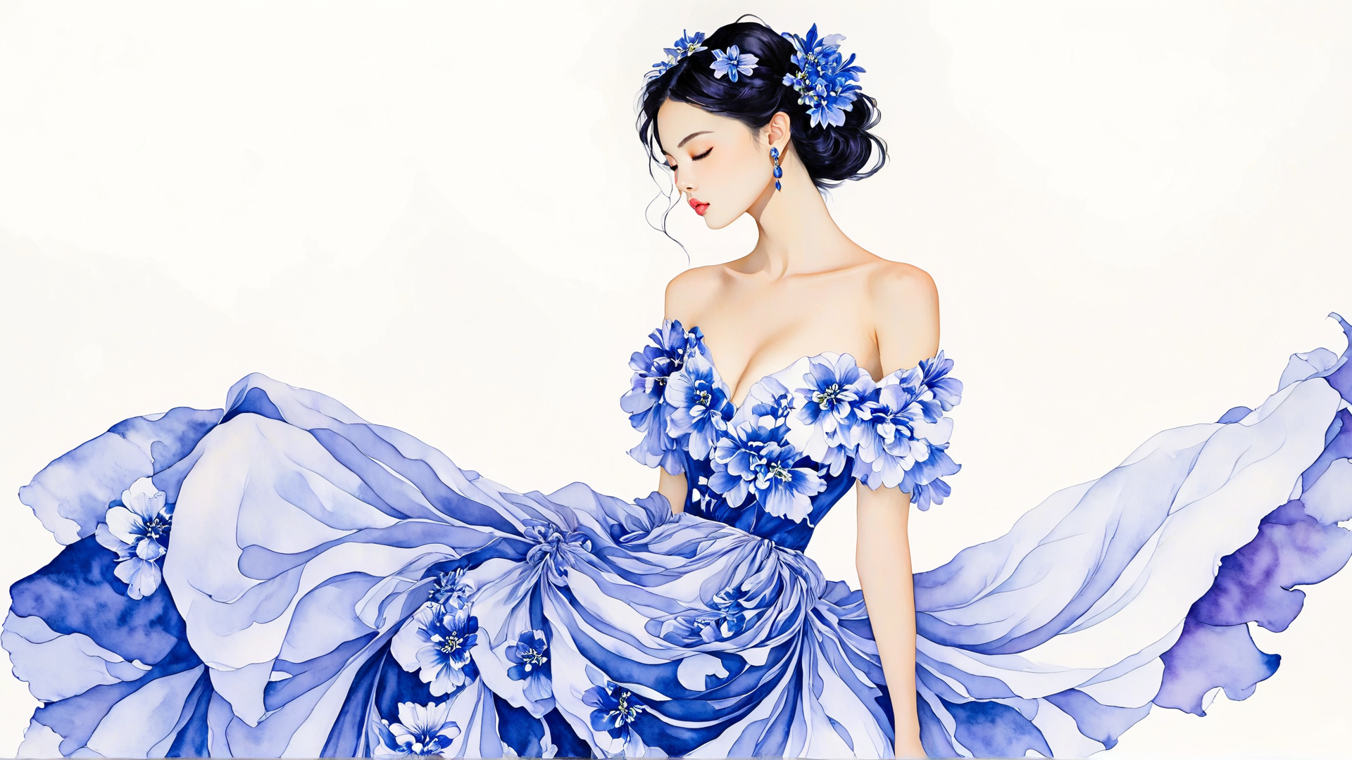 AI generated wallpaper featuring woman, dress, flowers, hair
