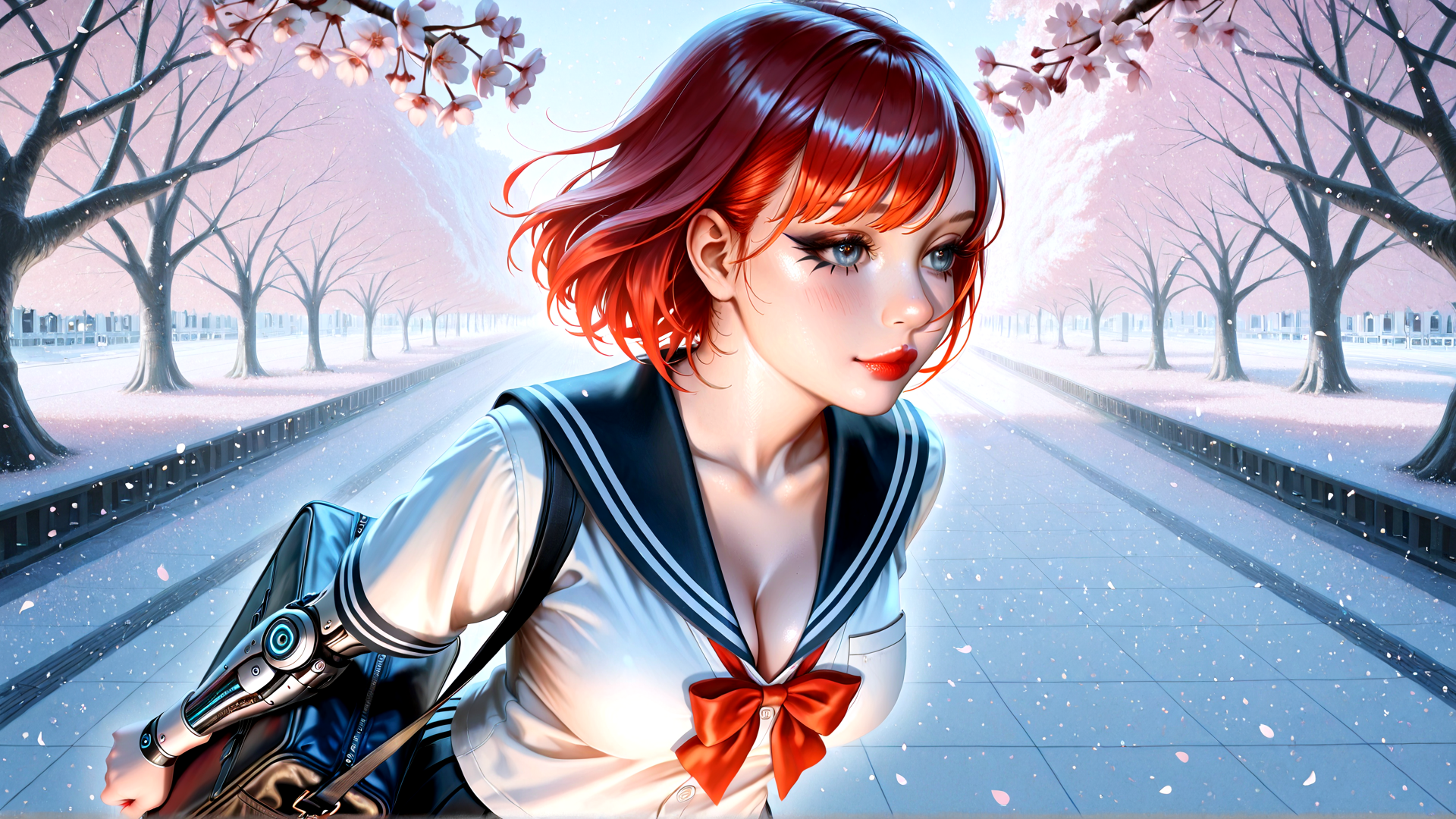 AI generated wallpaper featuring girl, cherry blossoms, sailor uniform, cybernetic arm, trees, pathway