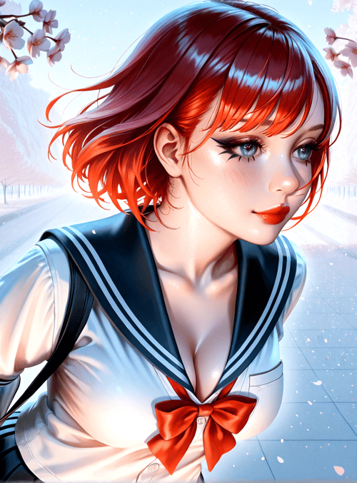 girl, cherry blossoms, sailor uniform, cybernetic arm, trees, pathway