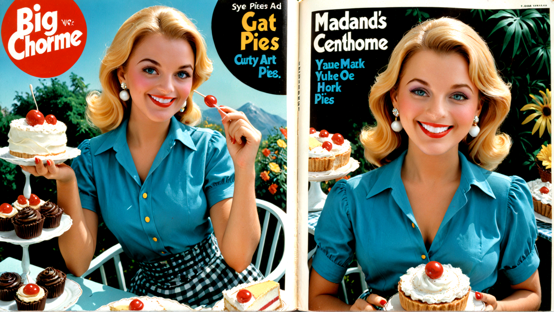 AI generated wallpaper featuring woman, cake, cupcake, cherry, pie, magazine, advertisement, shoe, dress, baker
