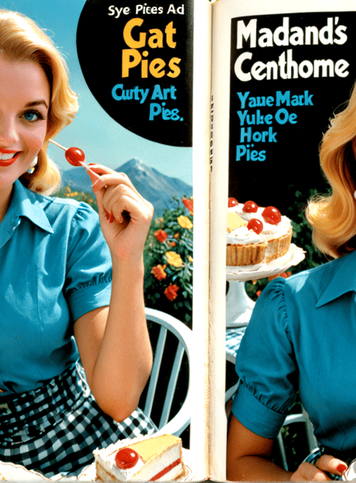 woman, cake, cupcake, cherry, pie, magazine, advertisement, shoe, dress, baker