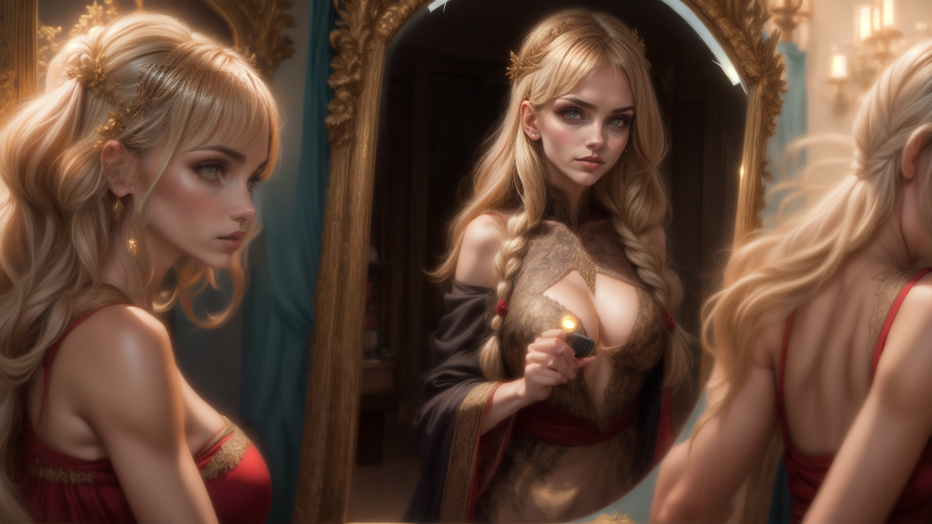 AI generated wallpaper featuring woman, mirror, light