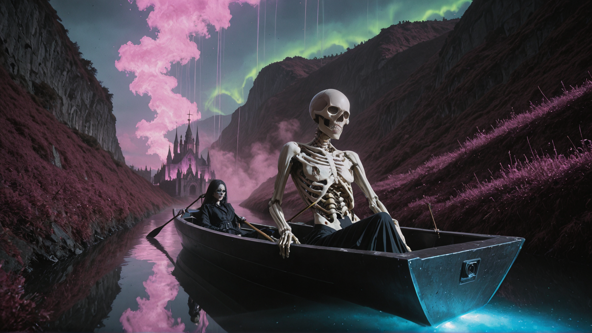 AI generated wallpaper featuring skeleton, woman, boat