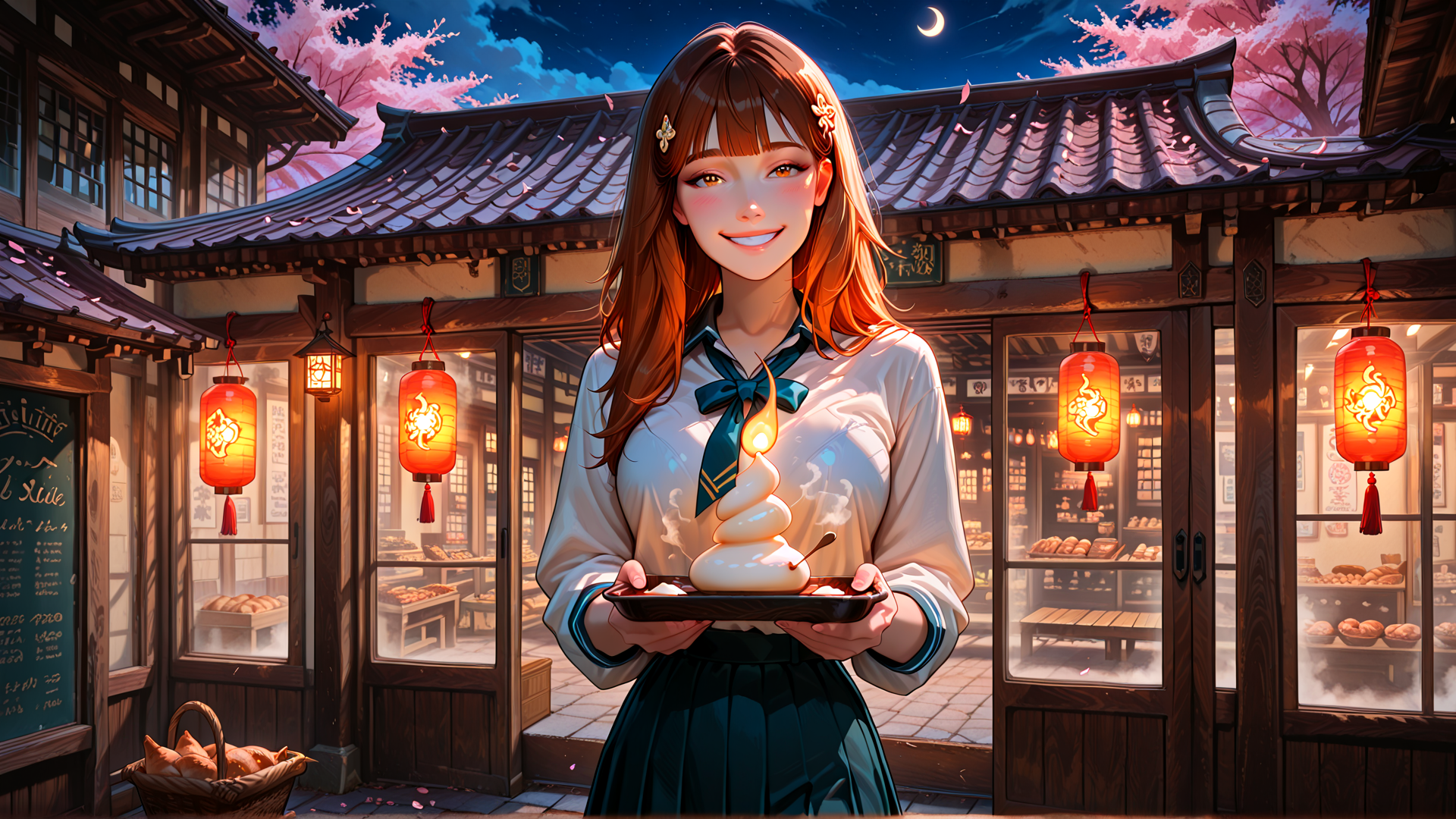 AI generated wallpaper featuring girl, bakery, cherry blossoms, lanterns, candle, pastries, traditional building