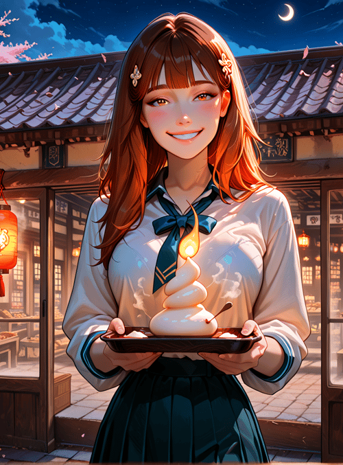girl, bakery, cherry blossoms, lanterns, candle, pastries, traditional building