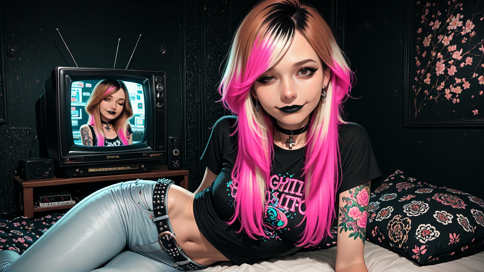AI generated wallpaper featuring girl, tv, tattoo, bed, choker, pants, hair, shirt, pillow, antenna