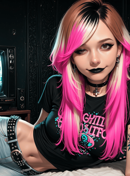 girl, tv, tattoo, bed, choker, pants, hair, shirt, pillow, antenna