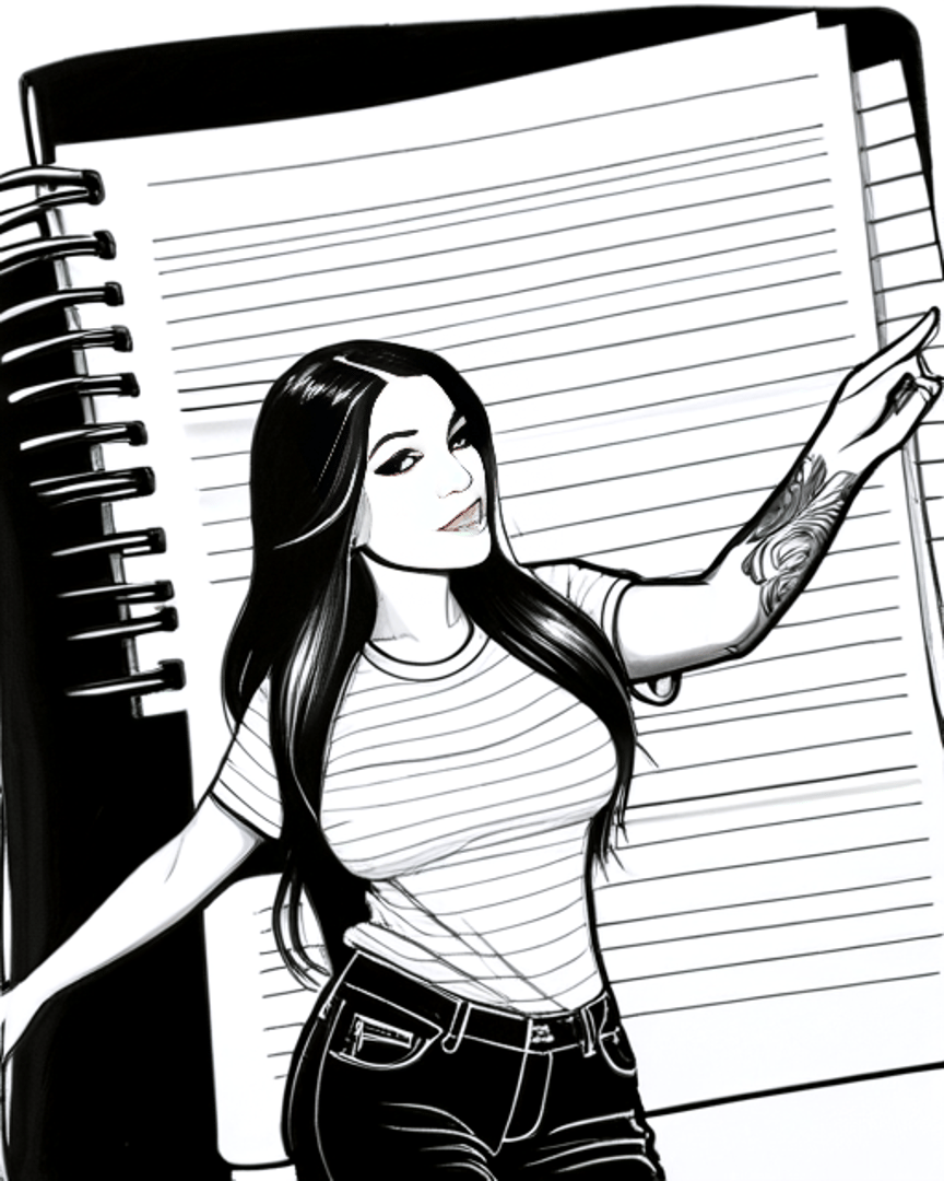 AI generated wallpaper featuring woman, notebook, tattoo, fingers, jeans, t-shirt