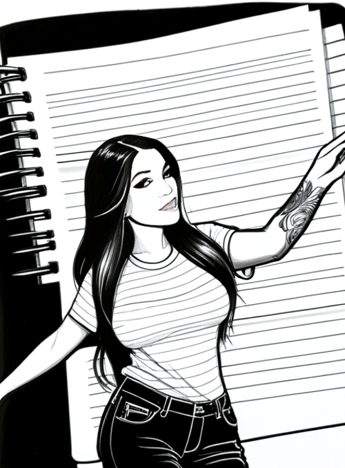 woman, notebook, tattoo, fingers, jeans, t-shirt