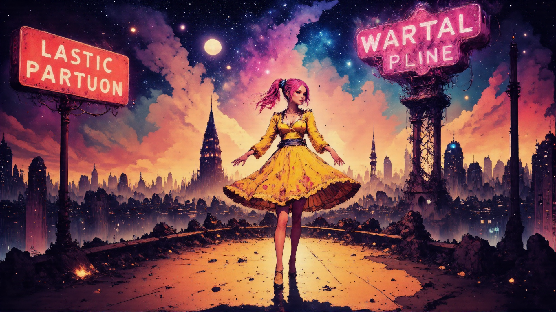 AI generated wallpaper featuring girl, city, signs